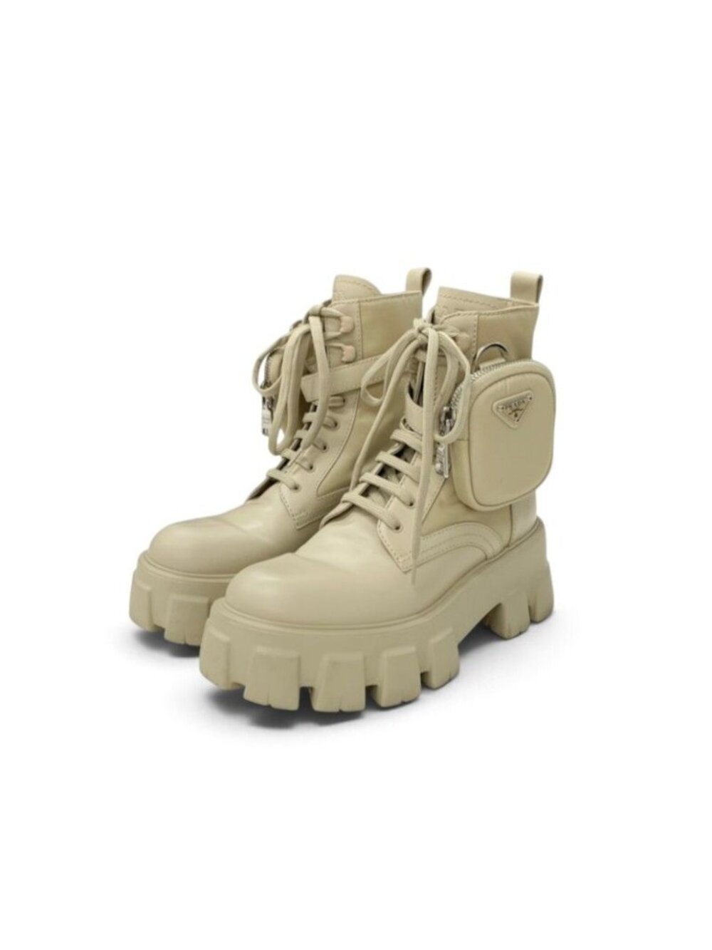Prada Monolith Boots Short Shoes Nylon Leather Beige Silver Triangle Logo